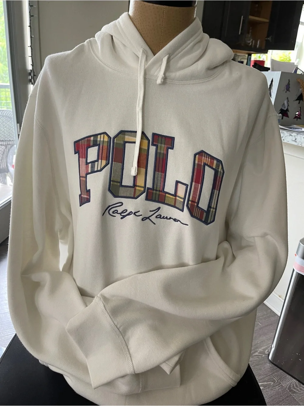 Polo by Ralph Lauren Cream Hoodie with Multicolor Plaid 'POLO' Logo